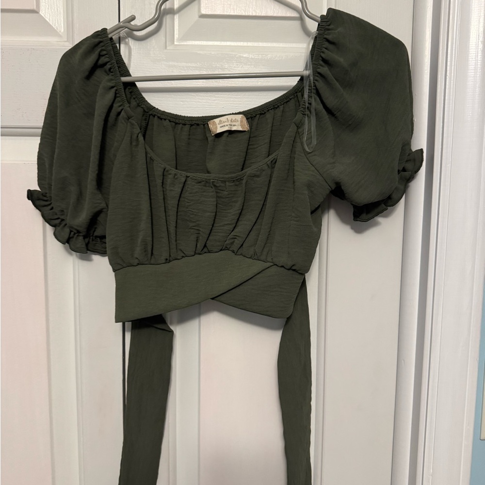 Altar'd State Green Puff Sleeve Crop Blouse